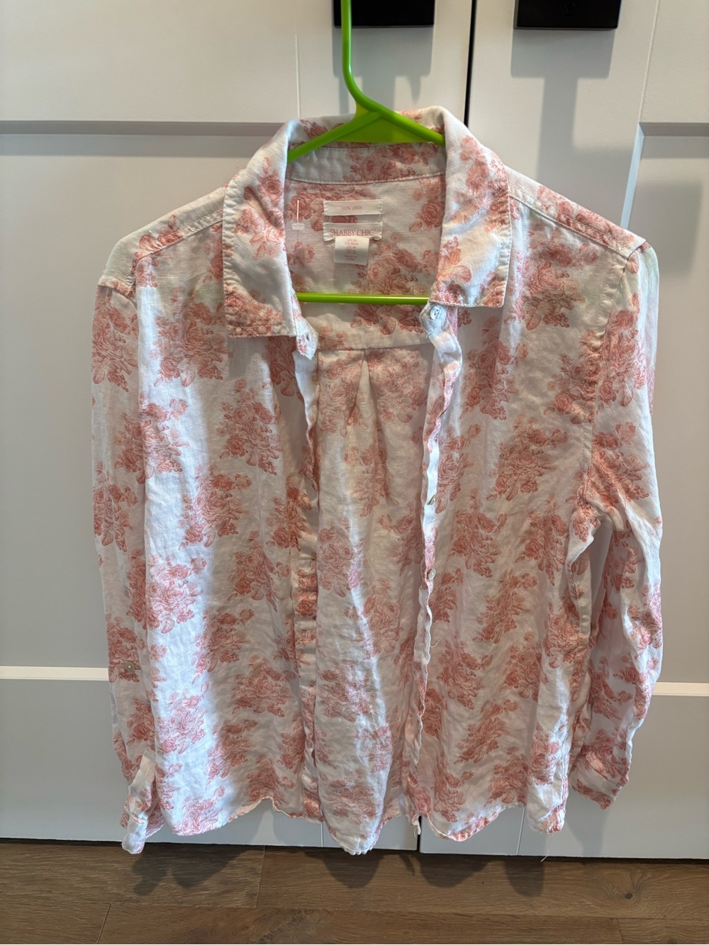 Shabby Chic White Shirt with Pink Floral Toile Print 100% Linen Vintage Inspired